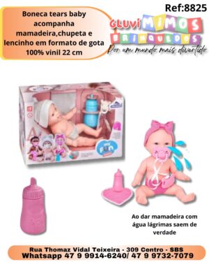 Boneca tears baby acompanha mamadeira,chupeta e lencinho em formato de gota 100% vinil 22 cm