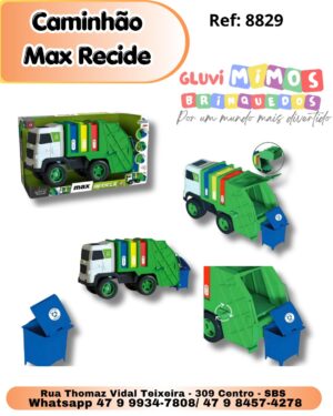 Caminhão coletor com caçamba articulada acompanha lixeira e três cartelas com figuras de produtos recicláveis