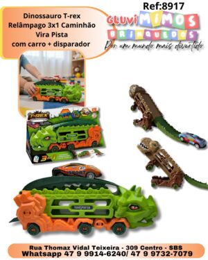 Dinossauro T-rex Relâmpago 3x1 Caminhão Vira Pista com carro + disparador