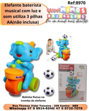 Elefante baterista musical com luz e som utiliza 3 pilhas AA(não inclusa)