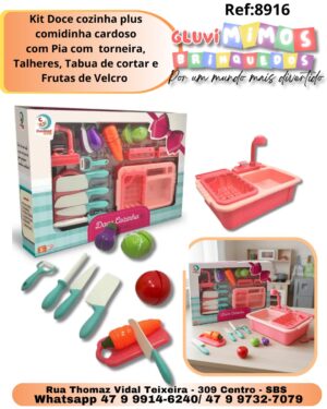 Kit Doce cozinha plus comidinha cardoso com Pia com  torneira, Talheres, Tabua de cortar e Frutas de Velcro