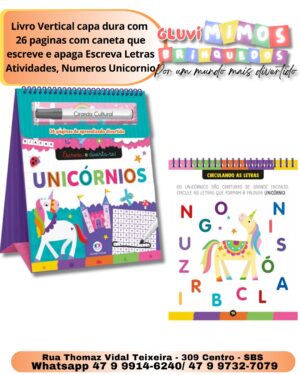 Livro Vertical capa dura com 26 paginas com caneta que escreve e apaga Escreva Letras Atividades, Numeros Unicornio