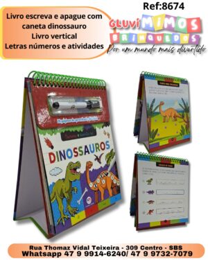 Livro escreva e apague com caneta dinossauro Livro vertical Letras números e atividades