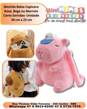 Mochila Bolsa Capivara  Rosa, Bege ou Marrom  Cores Sortidas- Unidade  30 cm x 23 cm