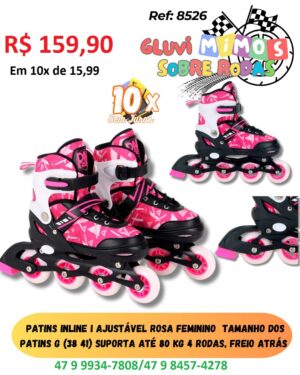 Patins Inline I Ajustável Rosa Feminino  Tamanho Dos Patins G (38 41) Suporta até 80 kg 4 rodas, freio atrás