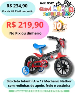 Bicicleta Infantil Aro 12 Mechanic Nathor com rodinhas de apoio, freio e cestinha