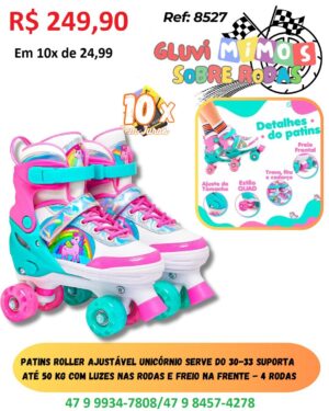 Patins Roller Ajustável Unicórnio serve do 30-33 Suporta  até 50 kg com Luzes nas rodas e freio na Frente - 4 Rodas
