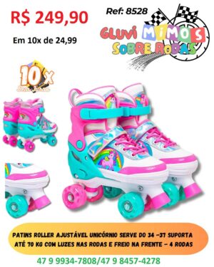 Patins Roller Ajustável Unicórnio serve do 34 -37 Suporta  até 70 kg com Luzes nas rodas e freio na Frente - 4 Rodas