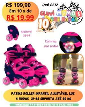 Patins Roller Infantil Ajustável Luz  4 Rodas  31-34 Suporta até 50 kg