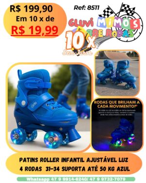 Patins Roller Infantil Ajustável Luz  4 Rodas  31-34 Suporta até 50 kg Azul
