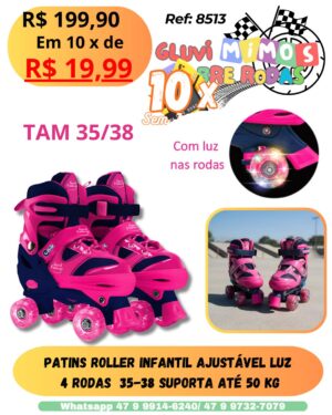 Patins Roller Infantil Ajustável Luz  4 Rodas  35-38 Suporta até 50 kg
