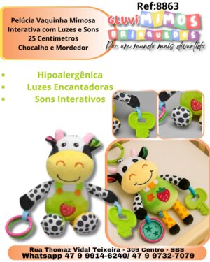 Pelúcia Vaquinha Mimosa Interativa com Luzes e Sons 25 Centimetros Chocalho e Mordedor