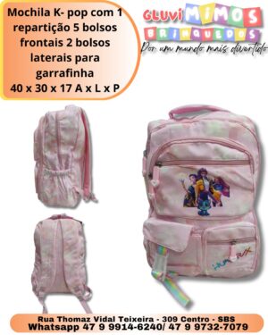 Mochila K- pop com 1 repartição 5 bolsos frontais 2 bolsos laterais para garrafinha 40 x 30 x 17 A x L x P