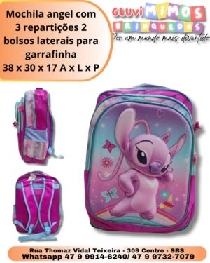 Mochila angel com 3 repartições 2 bolsos laterais para garrafinha 38 x 30 x 17 A x L x P