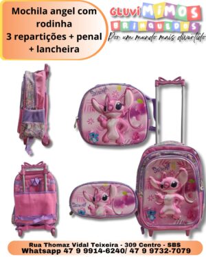 Mochila angel com rodinha 3 repartições + penal + lancheira