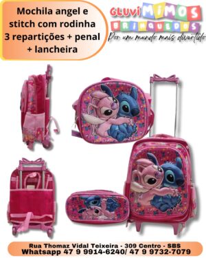 Mochila angel e stitch com rodinha 3 repartições + penal + lancheira