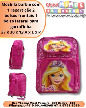 Mochila barbie com 1 repartição 2 bolsos frontais 1 bolso lateral para garrafinha 37 x 30 x 13 A x L x P