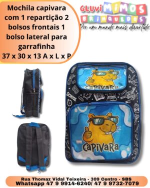 Mochila capivara com 1 repartição 2 bolsos frontais 1 bolso lateral para garrafinha 37 x 30 x 13 A x L x P
