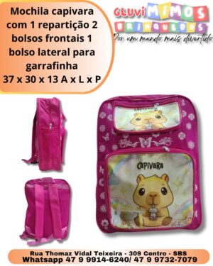 Mochila capivara com 1 repartição 2 bolsos frontais 1 bolso lateral para garrafinha 37 x 30 x 13 A x L x P