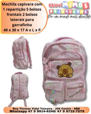 Mochila capivara com 1 repartição 5 bolsos frontais 2 bolsos laterais para garrafinha 40 x 30 x 17 A   x P
