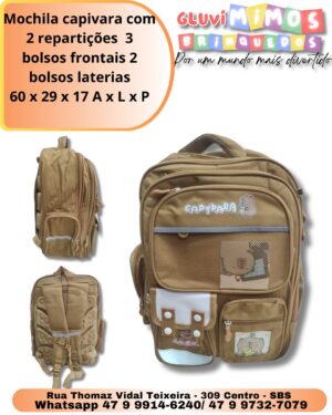 Mochila capivara com 2 repartições 3 bolsos frontais 2 bolsos laterais 60 x 29 x 17 A x L x P
