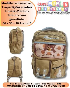 Mochila capivara com 2 repartições 4 bolsos frontais 2 bolsos laterais para garrafinha 36 x 30 x 16 A x L x P