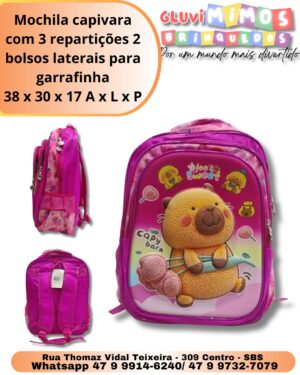Mochila capivara com 3 repartições 2 bolsos laterais para garrafinha 38 x 30 x 17 A x L x P
