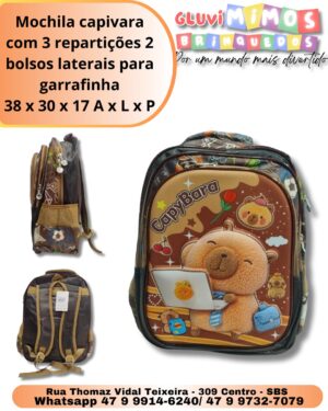 Mochila capivara com 3 repartições 2 bolsos laterais para garrafinha 38 x 30 x 17 A x L x P