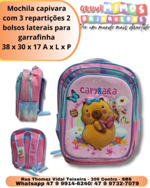 Mochila capivara com 3 repartições 2 bolsos laterais para garrafinha 38 x 30 x 17 A x L x P