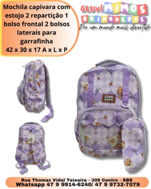 Mochila capivara com estojo 2 repartição 1 bolso frontal 2 bolsos laterais para garrafinha 42 x 30 x 17 A x L x P
