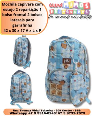 Mochila capivara com estojo 2 repartição 1 bolso frontal 2 bolsos laterais para garrafinha 42 x 30 x 17 A x L x P