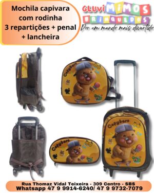 Mochila capivara com rodinha 3 repartições + penal + lancheira