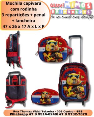 Mochila capivara com rodinha 3 repartições + penal + lancheira 47 x 26 x 17 A x L x P