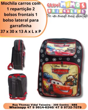 Mochila carros com 1 repartição 2 bolsos frontais 1 bolso lateral para garrafinha 37 x 30 x 13 A x L x P