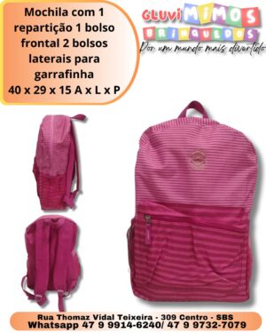 Mochila com 1 repartição 1 bolso frontal 2 bolsos laterais para garrafinha 40 x 29 x 15 A x L x P