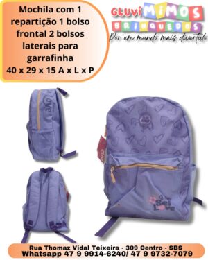 Mochila com 1 repartição 1 bolso frontal 2 bolsos laterais para garrafinha 40 x 29 x 15 A x L x P