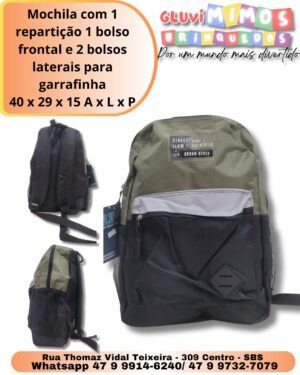 Mochila com 1 repartição 1 bolso frontal e 2 bolsos laterais para garrafinha 40 x 29 x 15 A x L x P