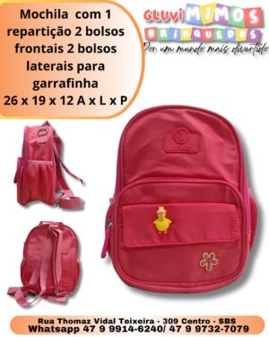 Mochila  com 1 repartição 2 bolsos frontais 2 bolsos laterais para garrafinha 26 x 19 x 12 A x L x P