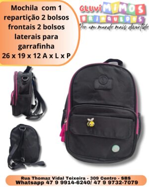 Mochila  com 1 repartição 2 bolsos frontais 2 bolsos laterais para garrafinha 26 x 19 x 12 A x L x P
