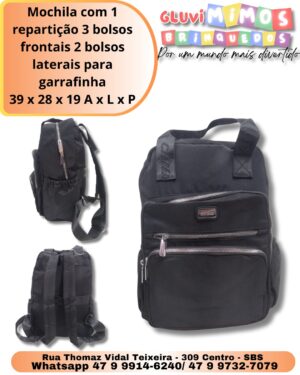 Mochila com 1 repartição 3 bolsos frontais 2 bolsos laterais para garrafinha 39 x 28 x 19 A x L x P