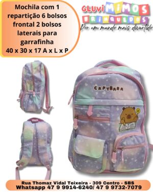 Mochila com 1 repartição 6 bolsos frontal 2 bolsos laterais para garrafinha 40 x 30 x 17 A x L x P