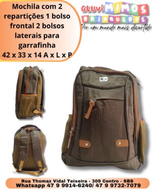 Mochila com 2 repartições 1 bolso frontal 2 bolsos laterais para garrafinha 42 x 33 x 14 A x L x P
