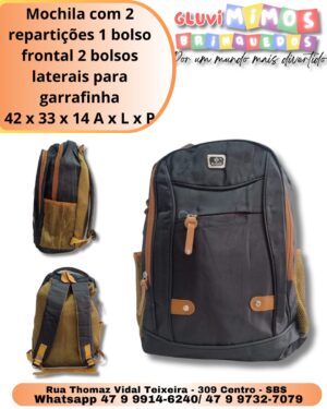 Mochila com 2 repartições 1 bolso frontal 2 bolsos laterais para garrafinha 42 x 33 x 14 A x L x P