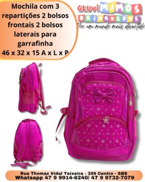 Mochila com 3 repartições 2 bolsos frontais 2 bolsos laterais para garrafinha 46 x 32 x 15 A x L x P