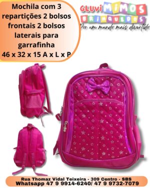 Mochila com 3 repartições 2 bolsos frontais 2 bolsos laterais para garrafinha 46 x 32 x 15 A x L x P