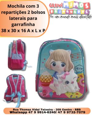 Mochila com 3 repartições 2 bolsos laterais para garrafinha 38 x 30 x 16 A x L x P
