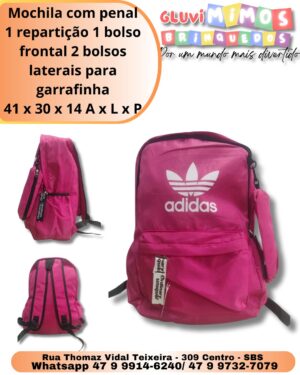 Mochila com penal 1 repartição 1 bolso frontal 2 bolsos laterais para garrafinha 41 x 30 x 14 A x L x P