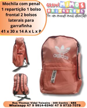 Mochila com penal 1 repartição 1 bolso frontal 2 bolsos laterais para garrafinha 41 x 30 x 14 A x L x P