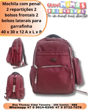 Mochila com penal 2 repartições 2 bolsos frontais 2 bolsos laterais para garrafinha 40 x 30 x 12 A x L x P