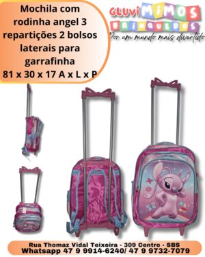 Mochila com rodinha angel 3 repartições 2 bolsos laterais para garrafinha 81 x 30 x 17 A x L x P